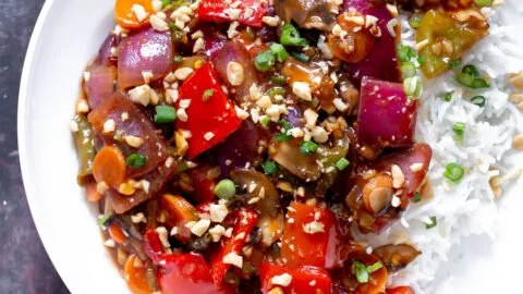 Delicious vegetables in spicy hot garlic sauce served in a bowl.