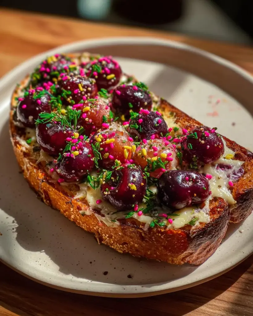 Air Fryer Cherry Cottage Cheese Toast topped with fresh cherries and cottage cheese.