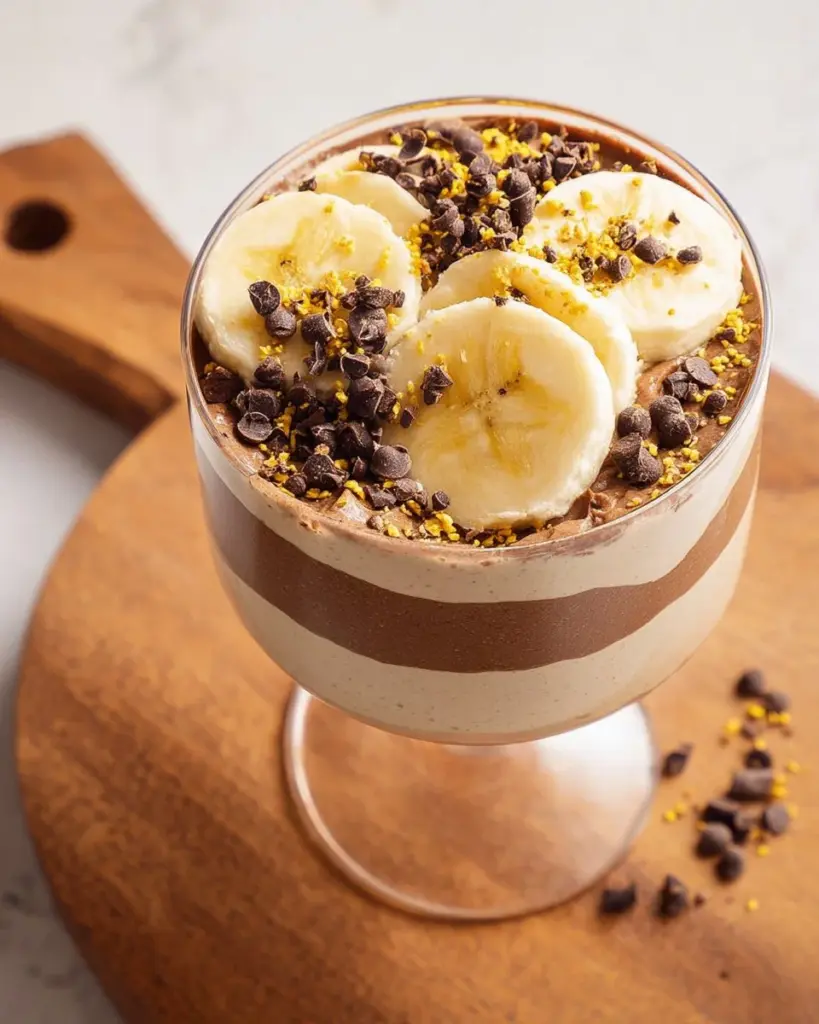 Blended banana chia pudding in a glass topped with fresh banana slices