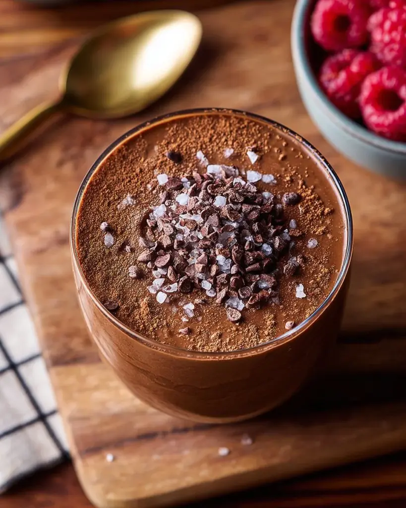 Blended Chocolate Salted Caramel Chia Pudding Mousse in a glass dessert bowl