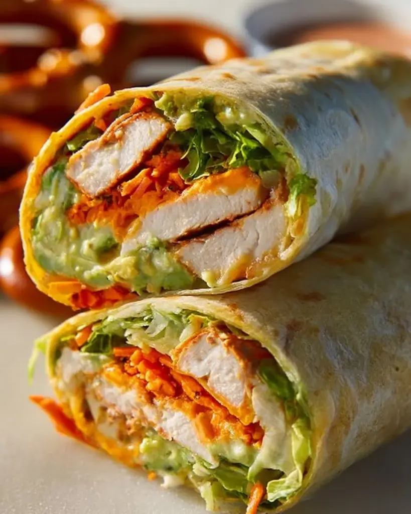 Buffalo Tofu Wraps with Easy Vegan Ranch on a wooden table