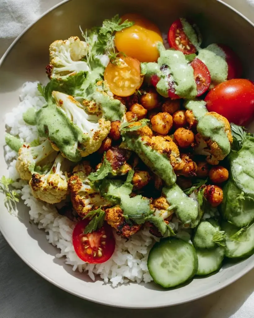 Delicious and colorful Cauliflower Shawarma Bowls with fresh ingredients