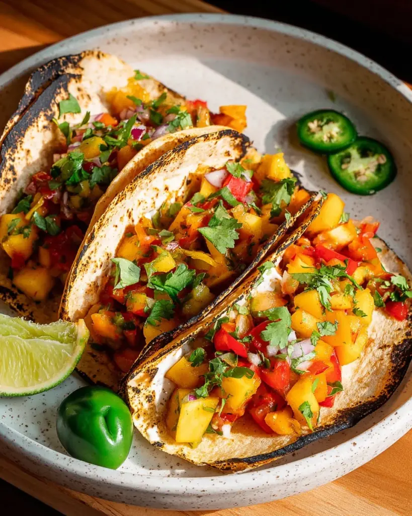 Chipotle Honey Shrimp Tacos served with fresh peach salsa on a plate