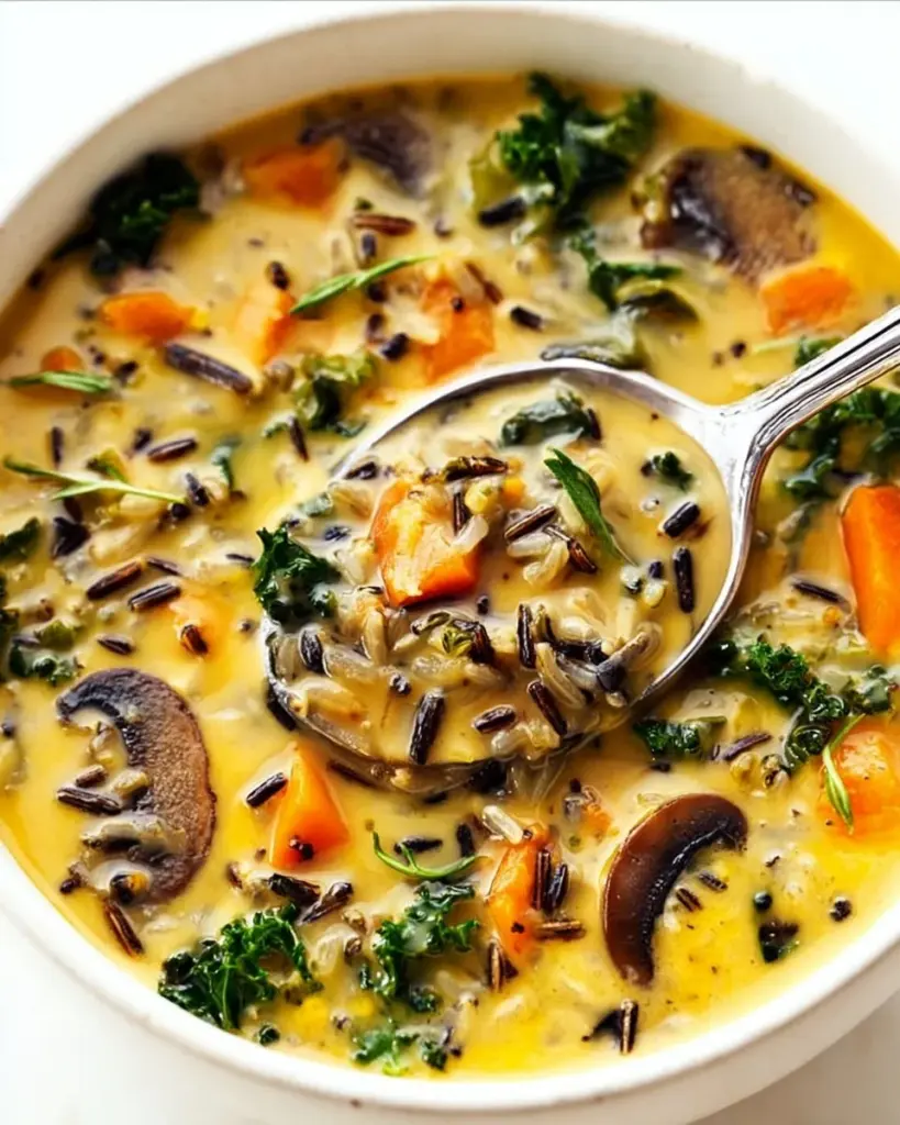 Bowl of cozy autumn wild rice soup with vegetables and herbs