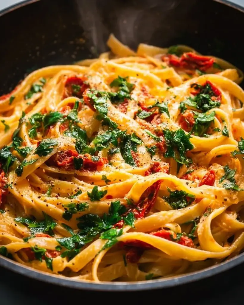 Creamy vegan sun-dried tomato pasta served in a bowl with fresh basil.
