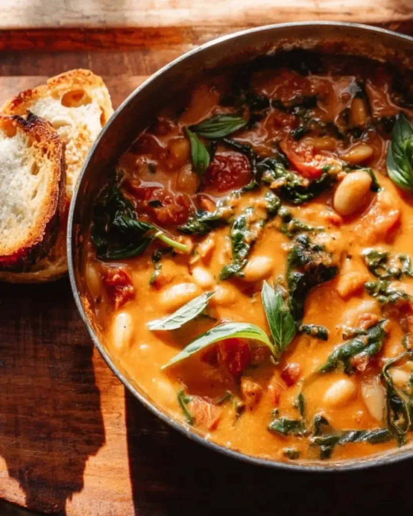 Creamy vegan tomato white bean stew served in a bowl with fresh herbs