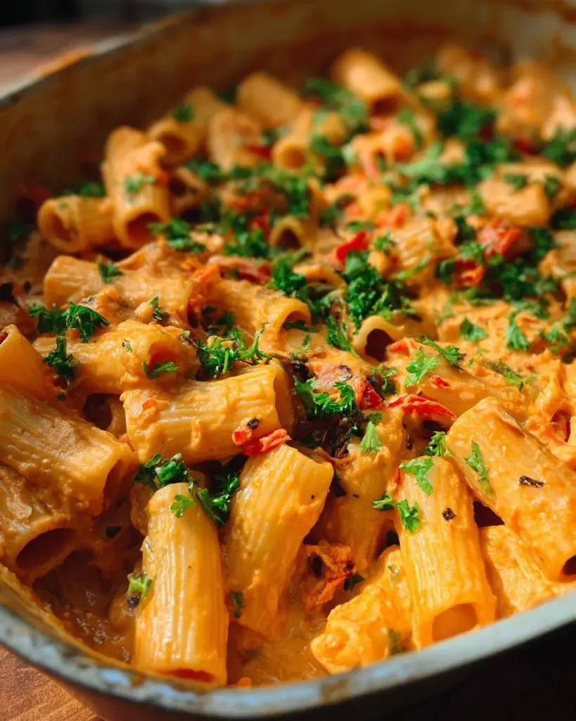 Creamy veggie pasta bake topped with fresh vegetables and cheese