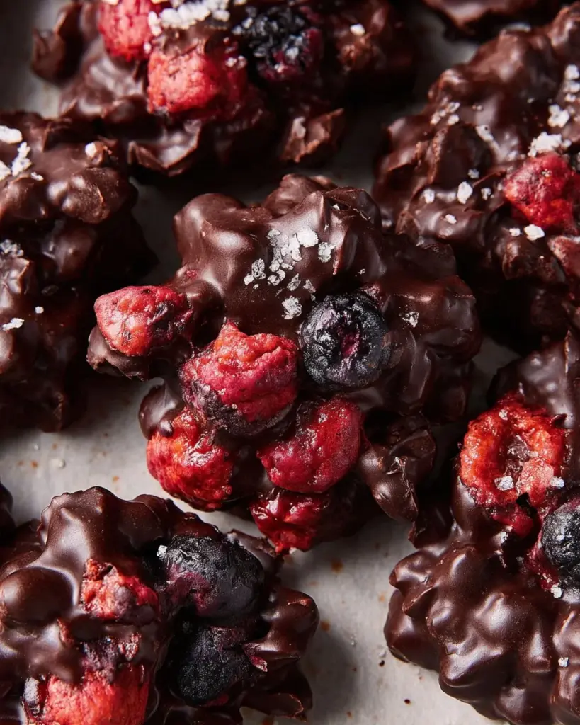 Dark chocolate berry clusters with fresh berries and rich dark chocolate coating