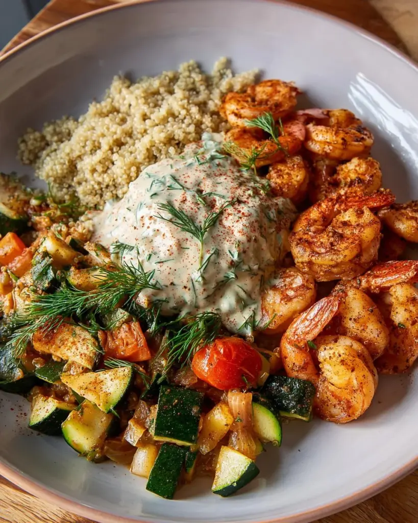 Greek shrimp bowl with quinoa, fresh vegetables, and herbs