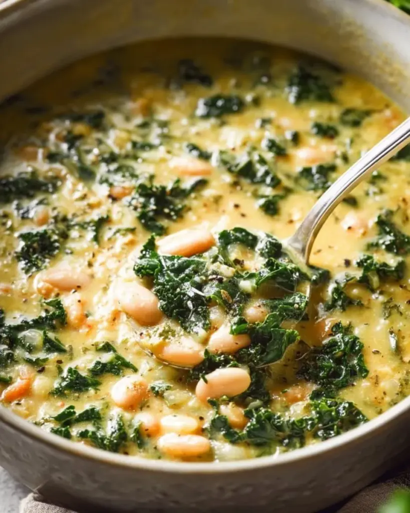 Healthy white bean and kale soup in a bowl with fresh ingredients
