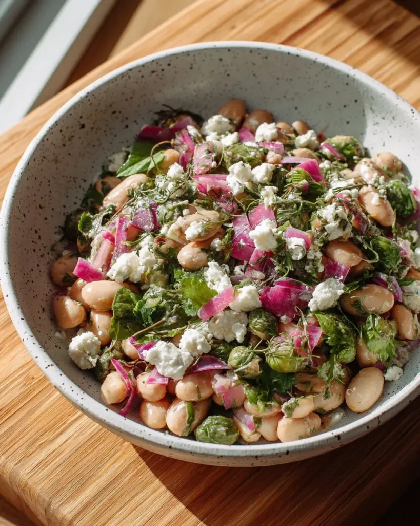 Herby Butter Bean Salad with Za'atar Dressing served in a bowl