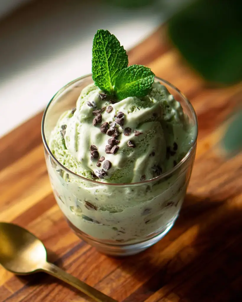 High protein mint chip cottage cheese ice cream in a bowl with mint leaves