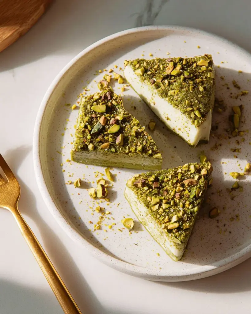 High protein pistachio cheesecake made with cottage cheese
