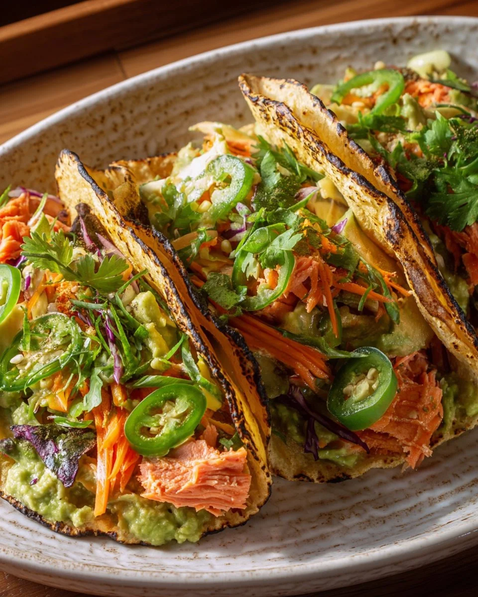 Hot Honey Salmon Tacos with Bell Pepper Slaw