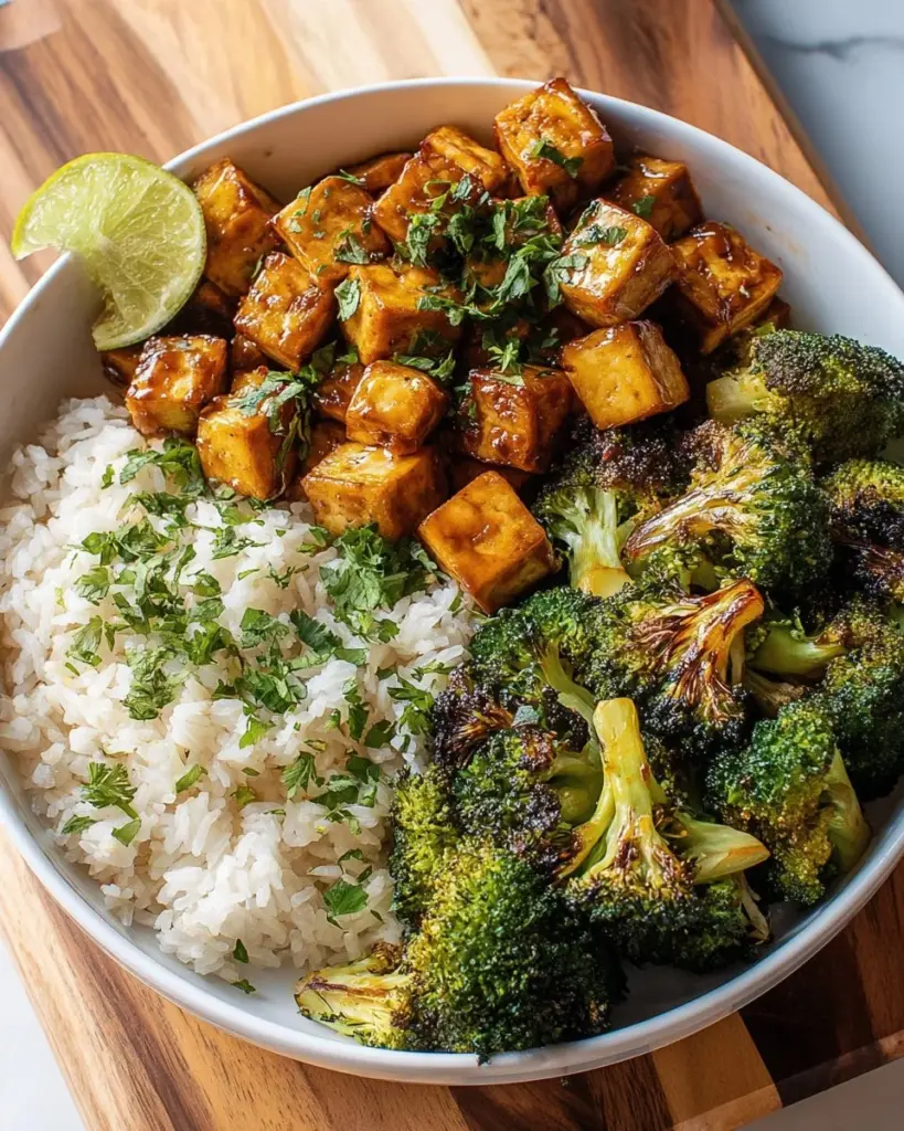 Hot Honey Tofu with Broccoli dish garnished with sesame seeds