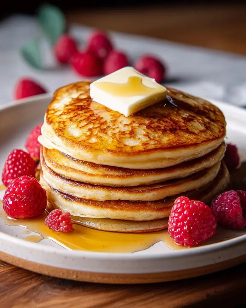 Fluffy Lemon Honey Cottage Cheese Oat Pancakes stacked on a plate