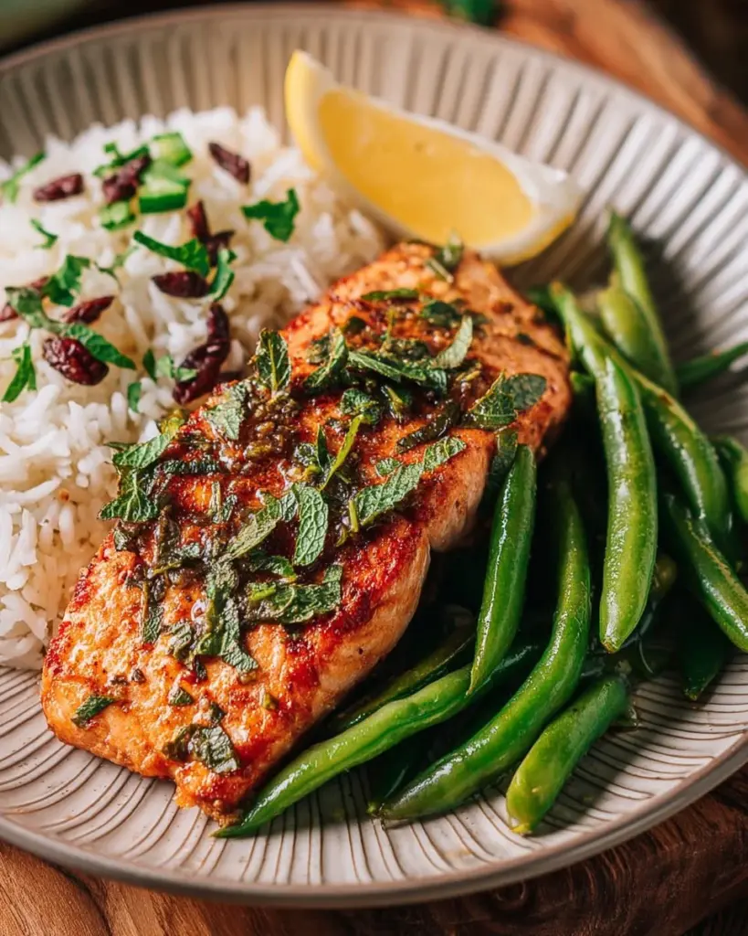 Lemon Honey Salmon served with fresh snap peas on a plate