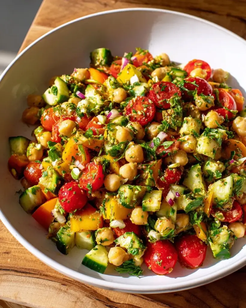 Mediterranean chickpea salad topped with colorful vegetables and harissa vinaigrette.