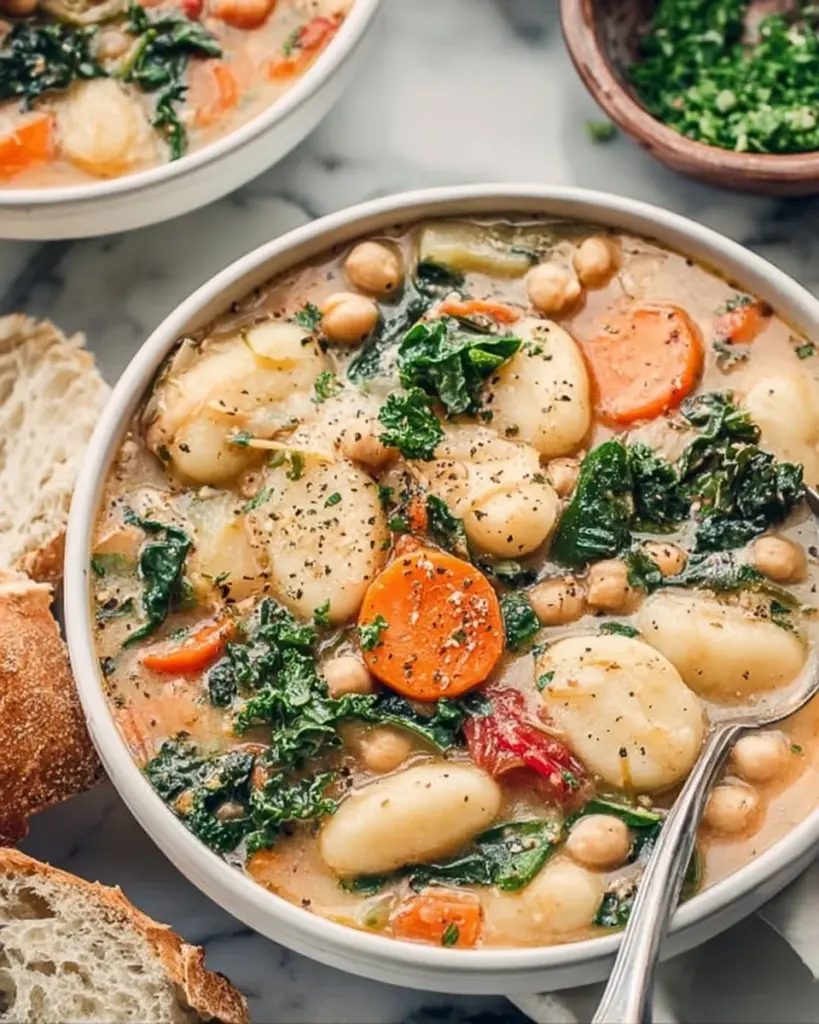 Bowl of Olive Garden vegan gnocchi soup with fresh vegetables and gnocchi