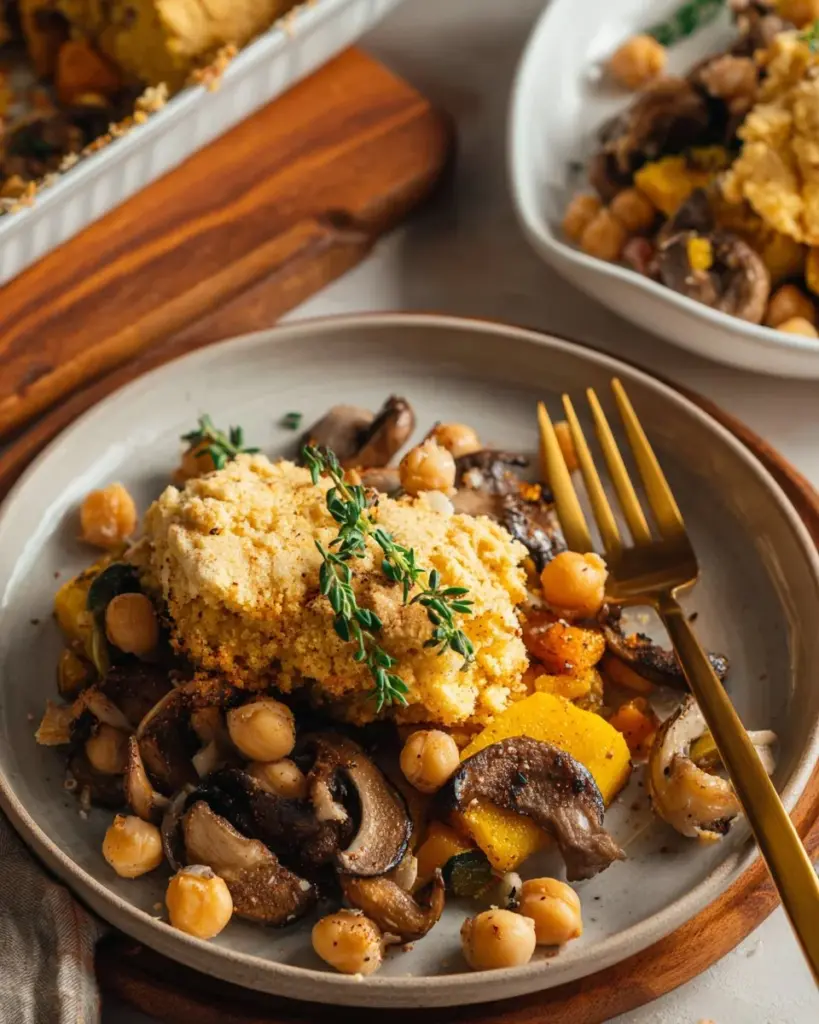Vegan butternut squash and chickpea casserole served in a pan