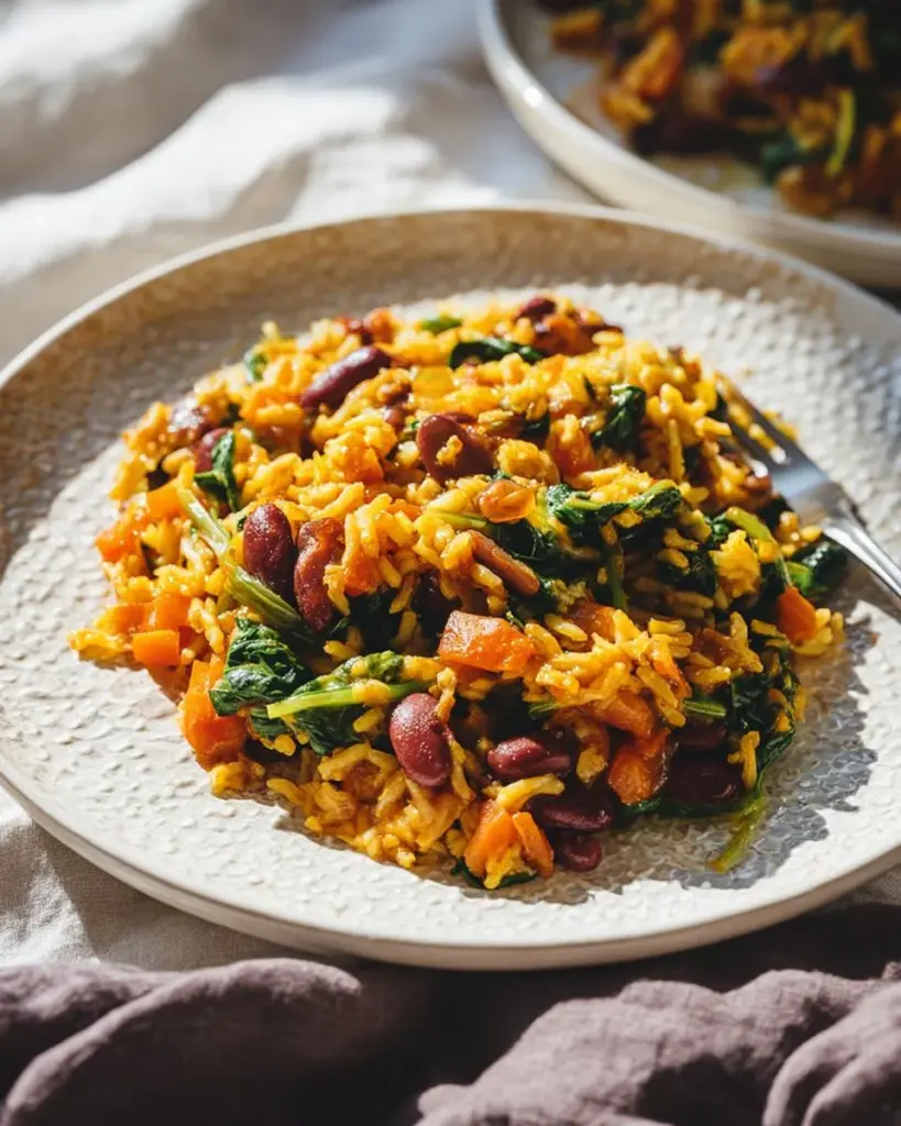 Vegan Caribbean Pelau in a colorful pot, featuring rice, vegetables, and spices.