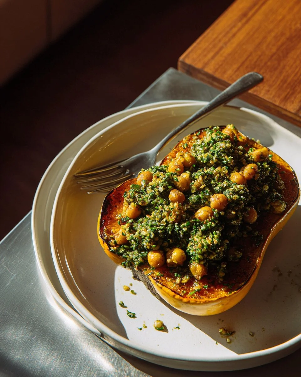 Pesto Quinoa and Chickpea Stuffed Spaghetti Squash