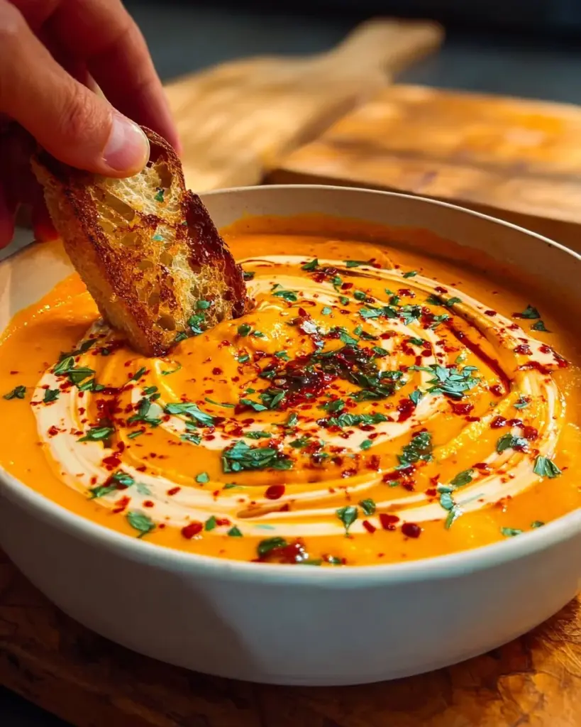 Bowl of roasted butternut squash soup garnished with herbs