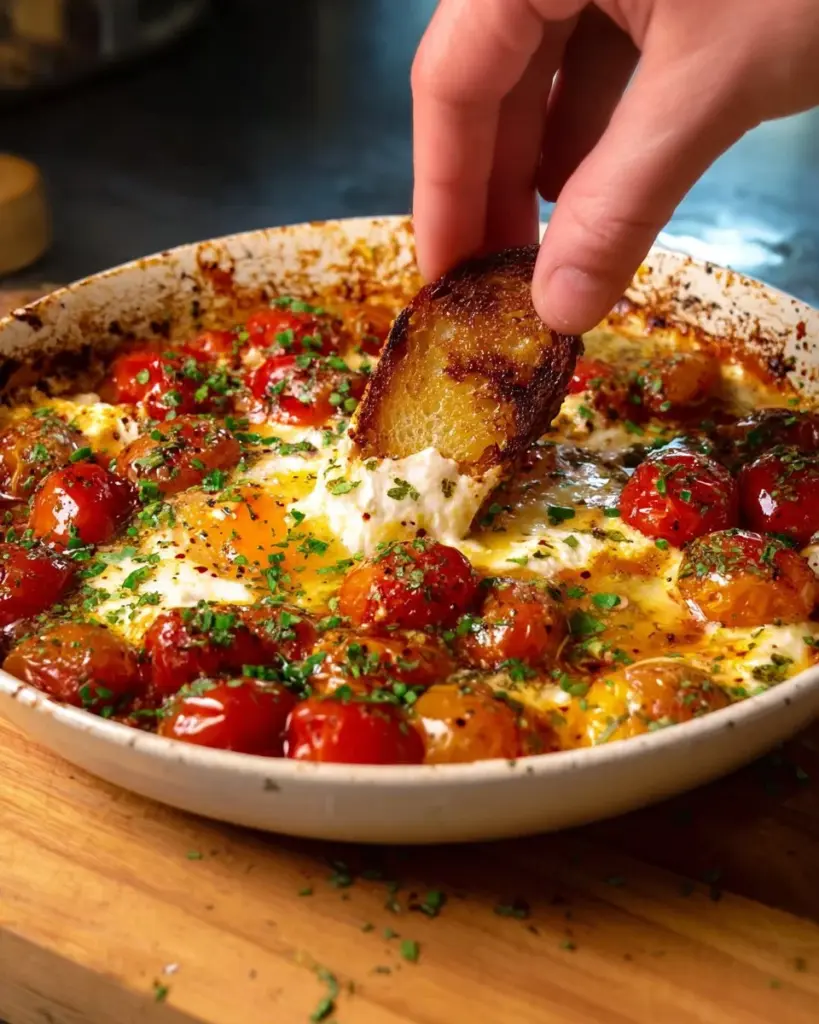 Creamy bean dip topped with roasted cherry tomatoes served with sourdough bread.
