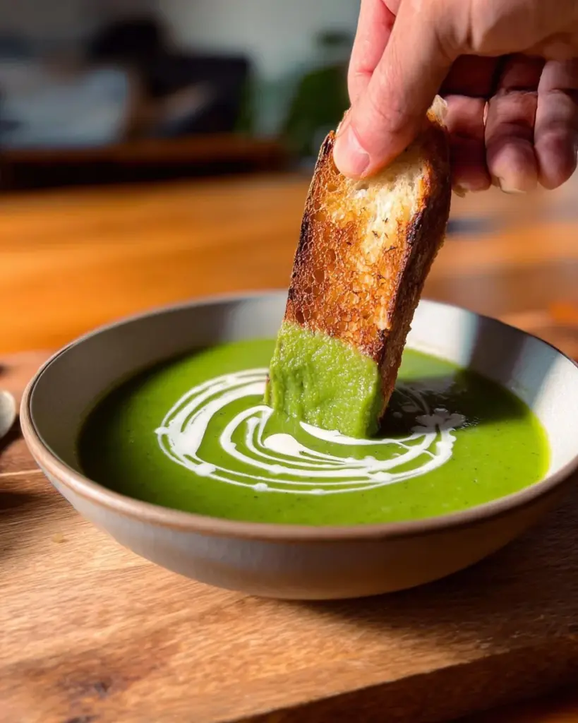 A bowl of roasted green vegetable soup garnished with fresh herbs.