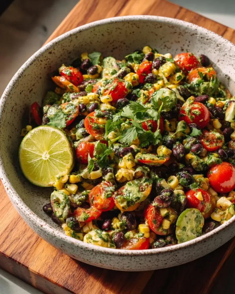 Shrimp taco salad with cilantro lime dressing served in a bowl