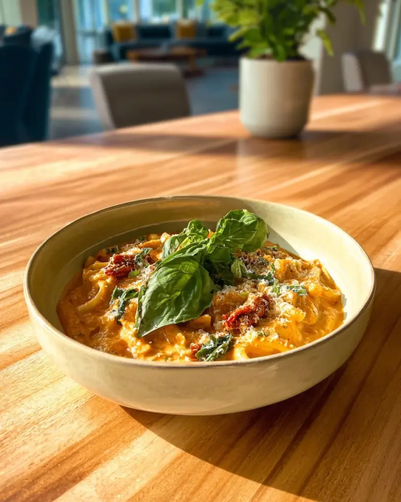 Bowl of creamy tortellini soup with spinach and tomato.