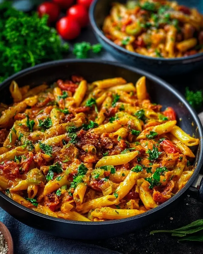 A bowl of Vegan Cajun Pasta with colorful vegetables and herbs