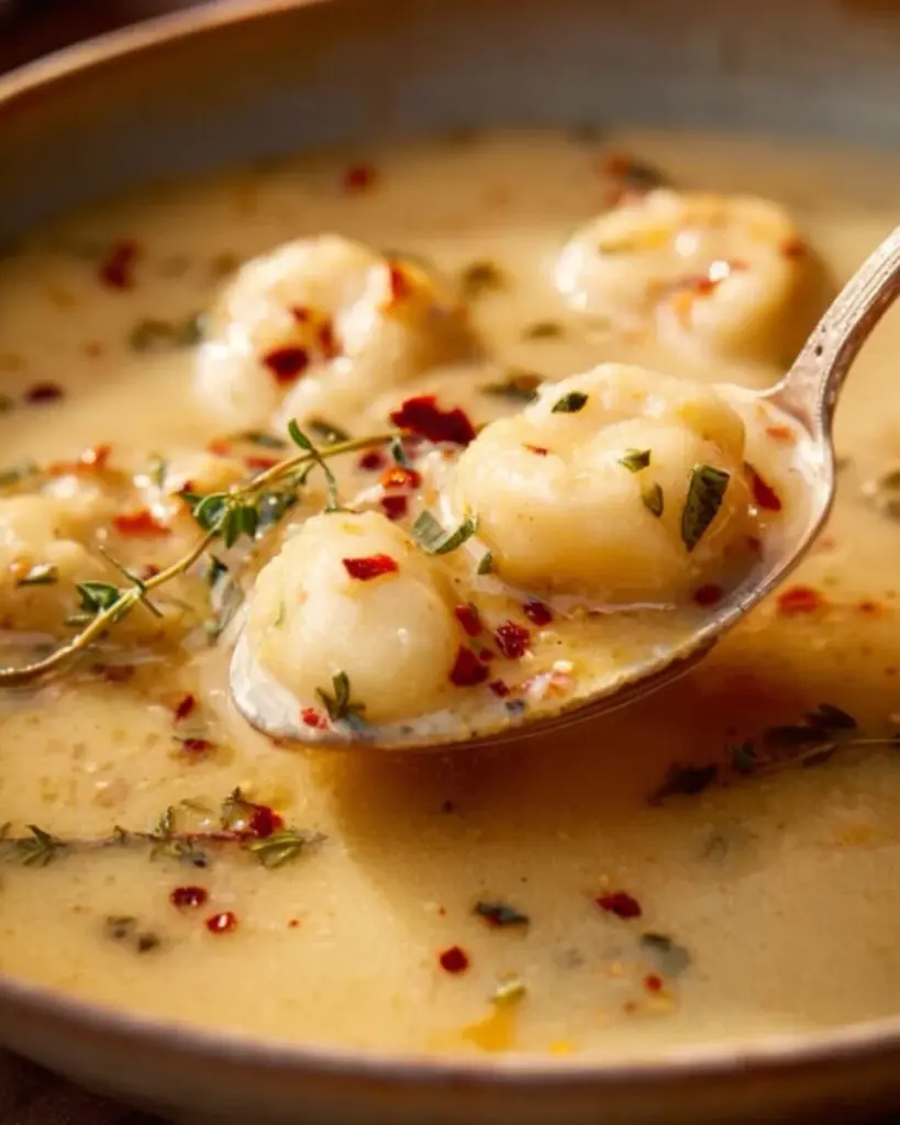 Bowl of vegan garlic chickpea soup topped with fresh herbs and garlic cloves