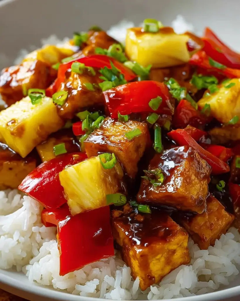 Vegan Pineapple Tofu dish served with fresh vegetables and sesame seeds