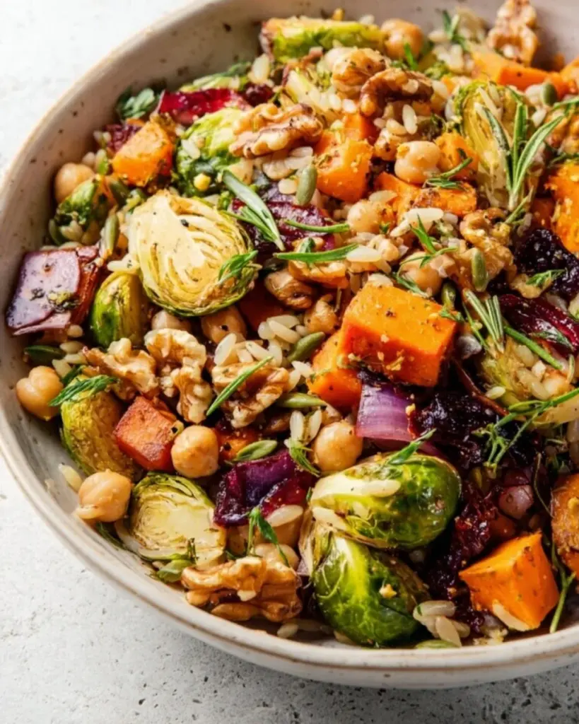 Vegan Roasted Veggie Orzo Salad with colorful vegetables and herbs