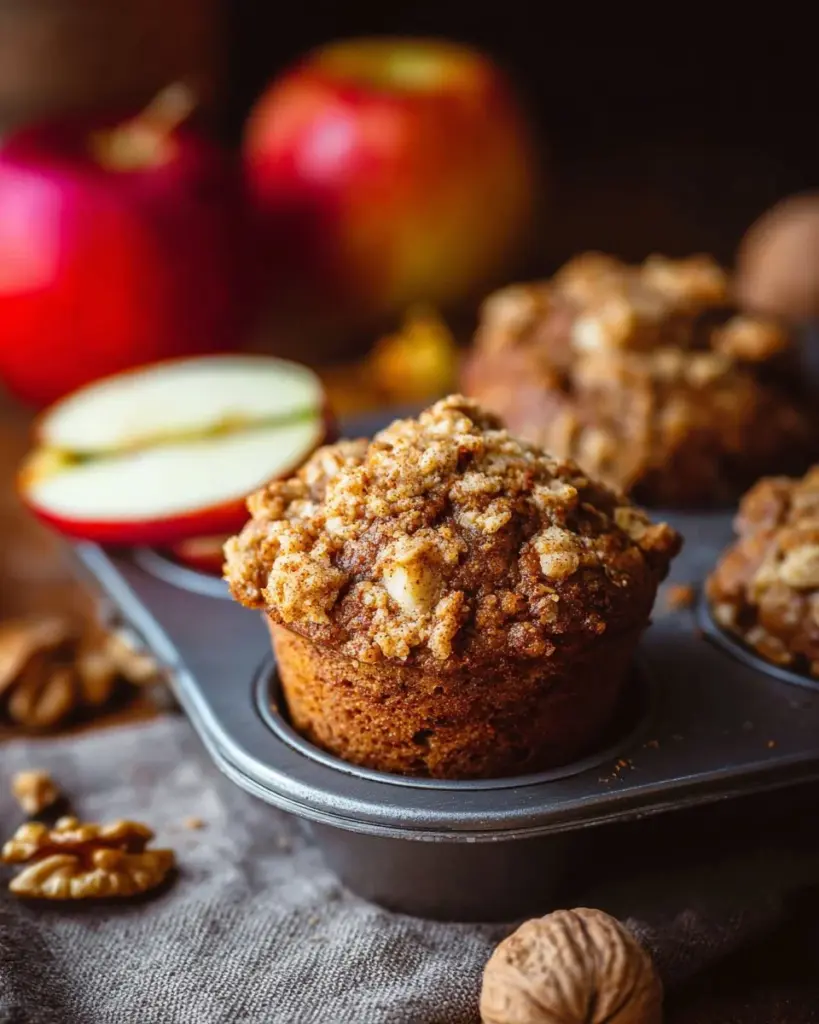 Freshly baked Apple Oat Muffins on a wooden table