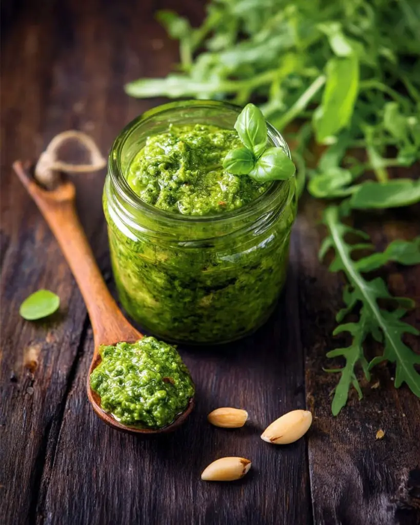Bowl of homemade arugula pesto made with fresh ingredients