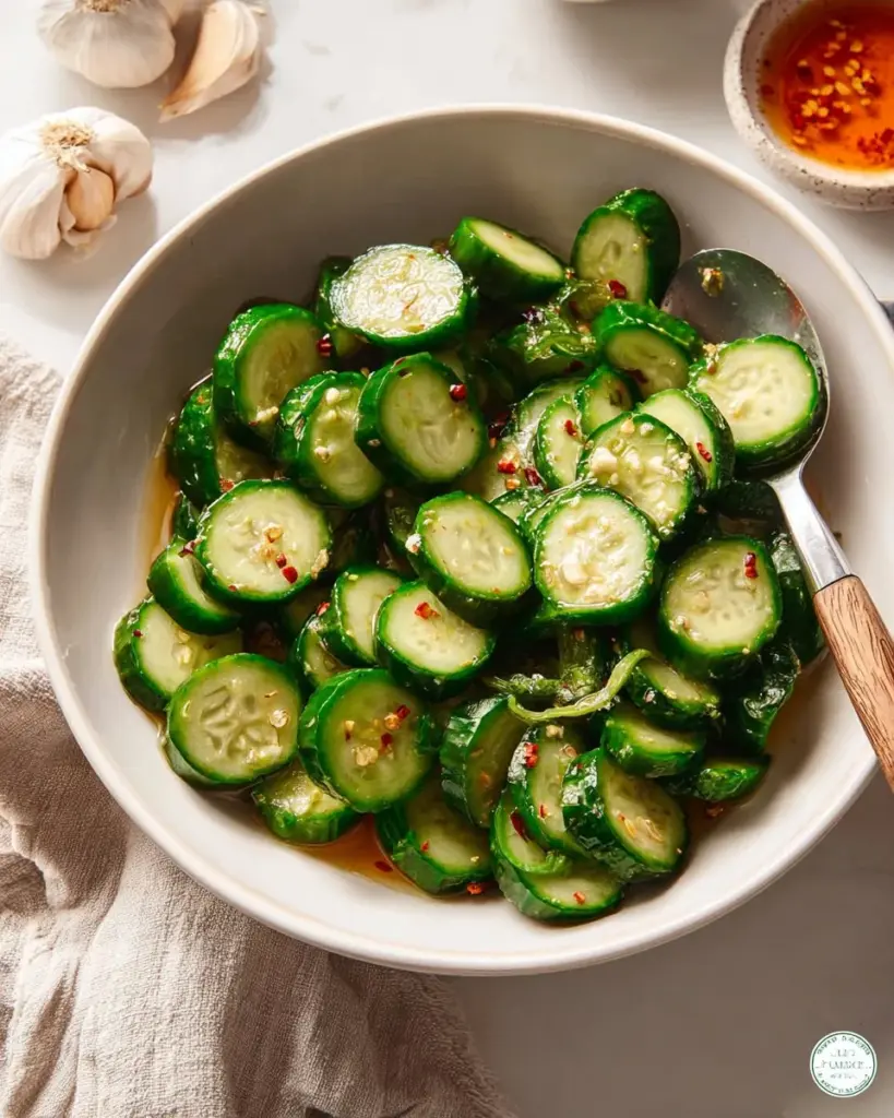 Bowl of Asian Cucumber Salad with sesame seeds and herbs