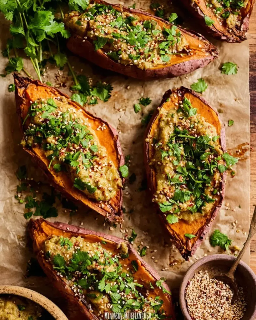 Baked Japanese sweet potatoes served with miso tahini butter on a plate