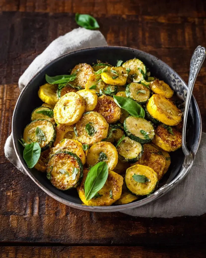 Baked zucchini topped with Pecorino cheese and fresh basil served on a plate