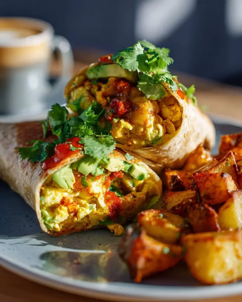 Delicious homemade breakfast burrito filled with eggs, cheese, and vegetables