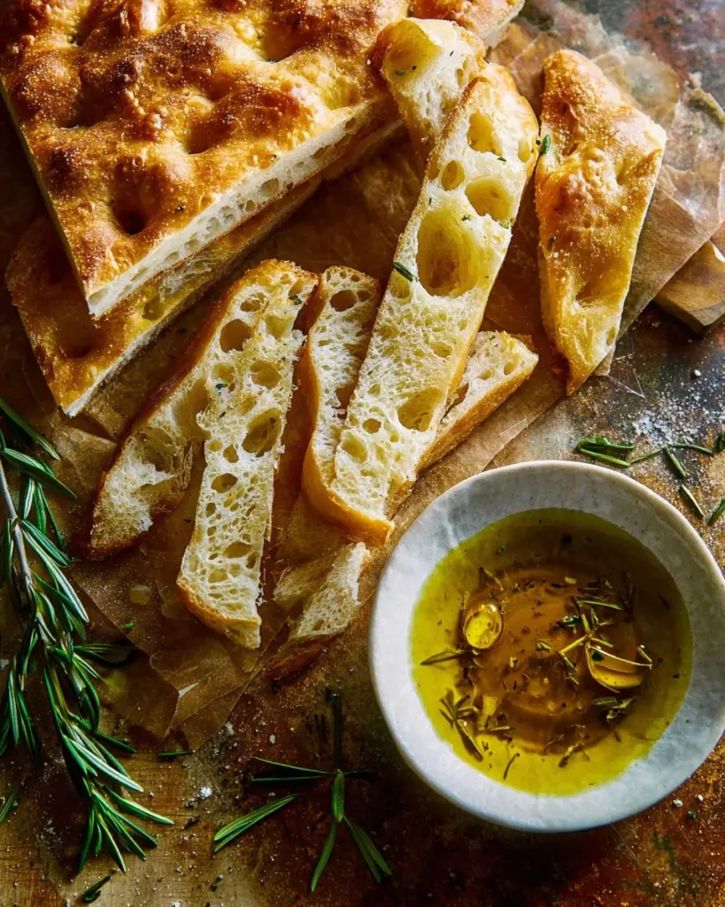Freshly baked focaccia bread topped with herbs and olive oil
