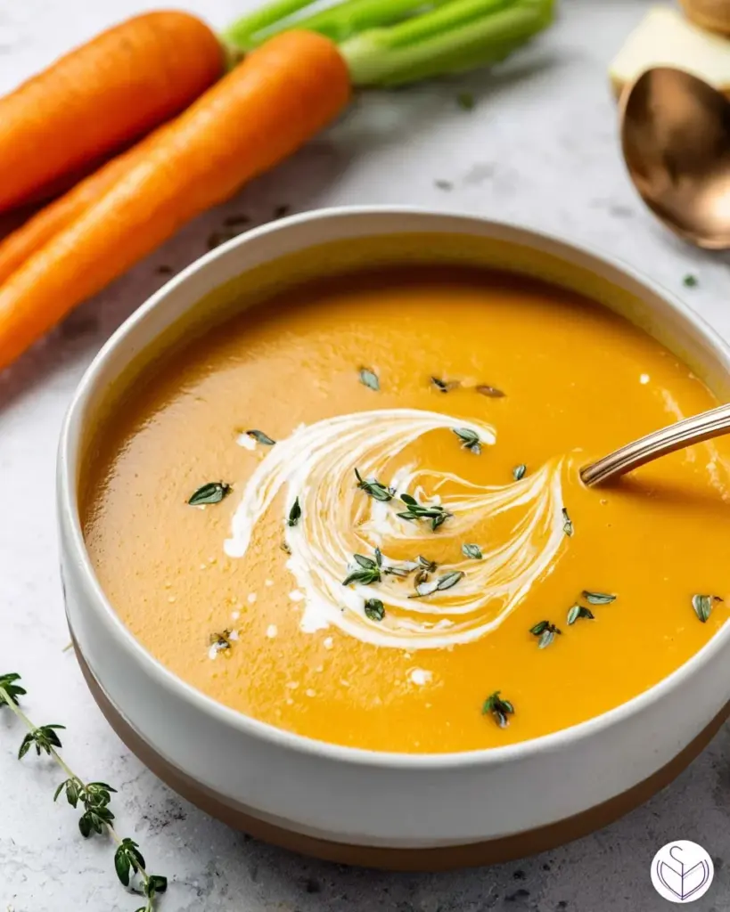 Bowl of creamy carrot soup garnished with fresh herbs and spices.