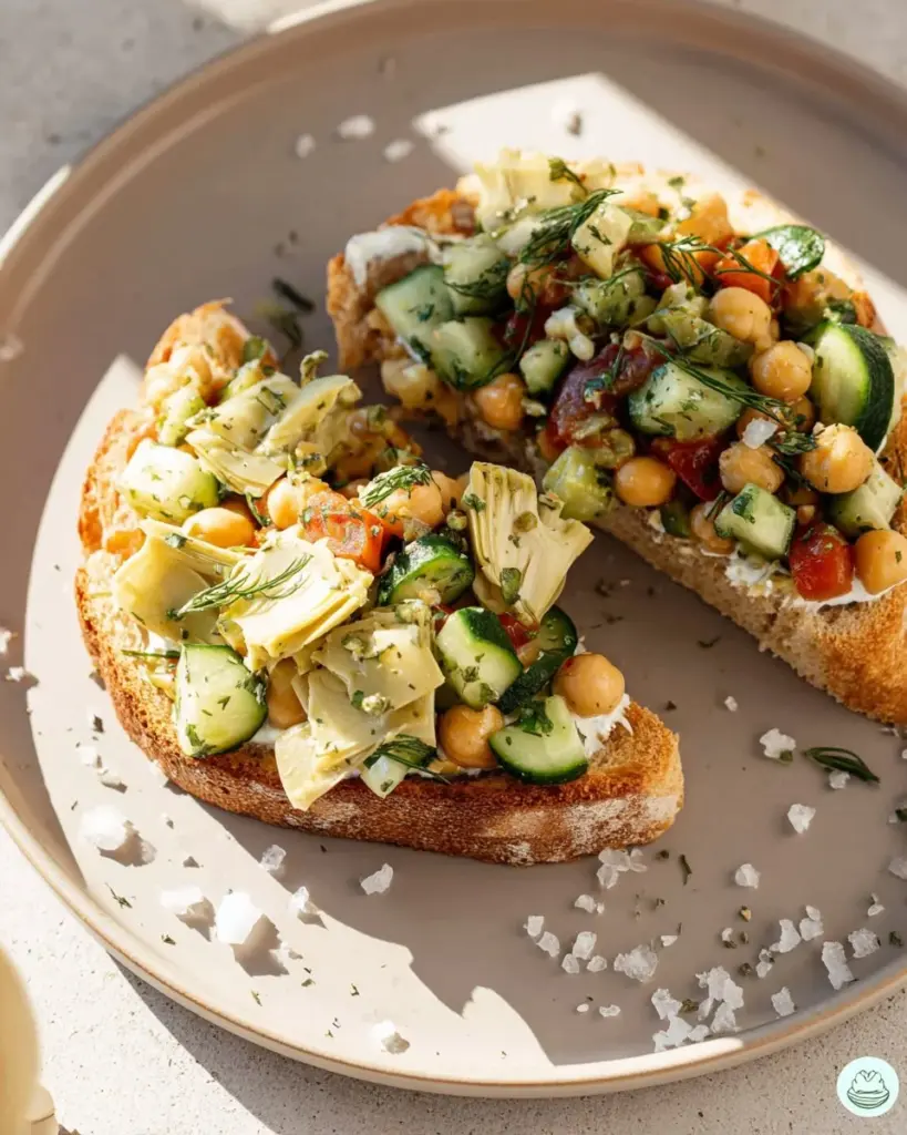 Chickpea salad served on toast with cottage cheese, garnished with herbs.