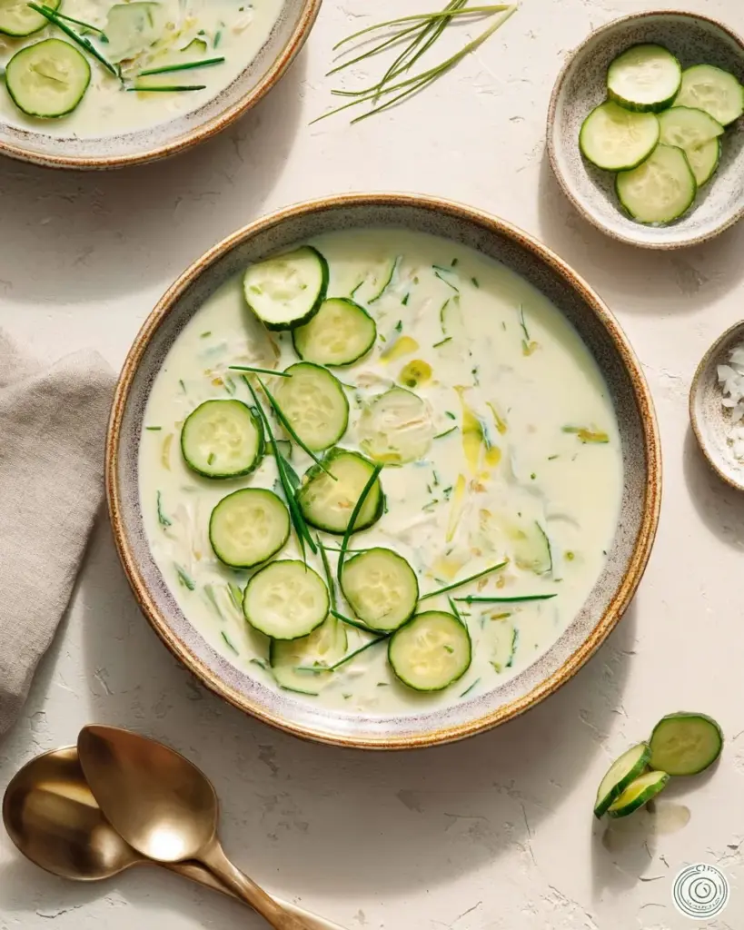 Refreshing cold cucumber soup served in a bowl with herbs
