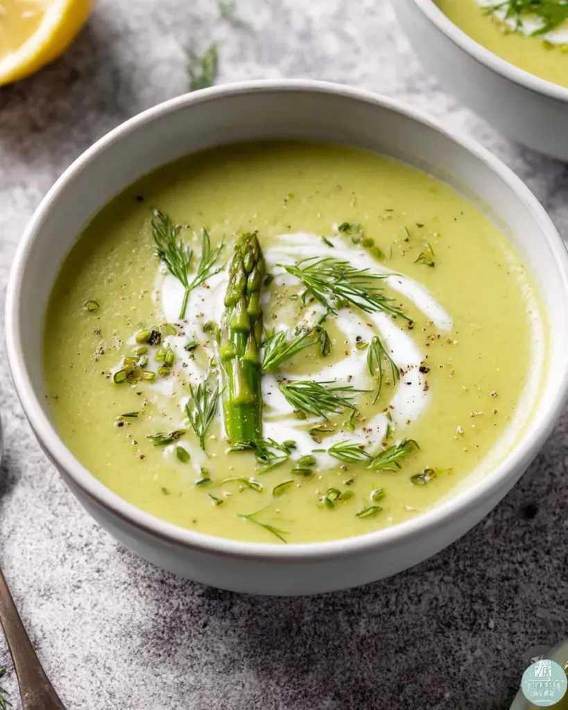 Creamy asparagus soup garnished with herbs in a bowl