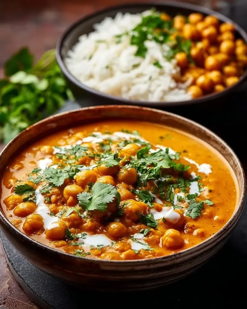Creamy coconut chickpea curry served in a bowl with rice and herbs