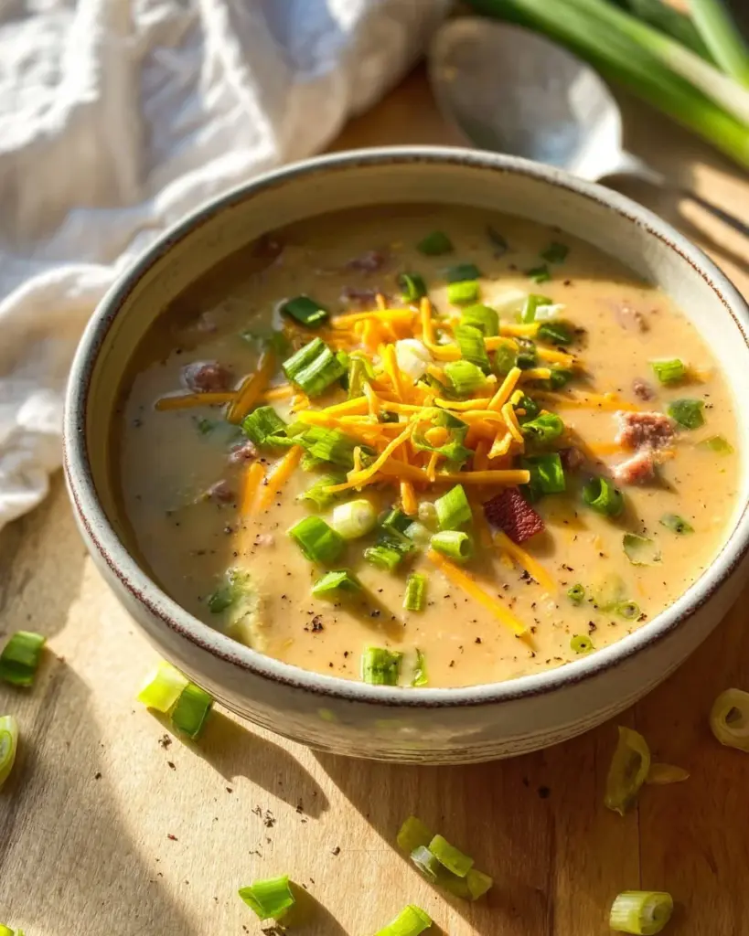 Bowl of creamy ham potato soup garnished with herbs