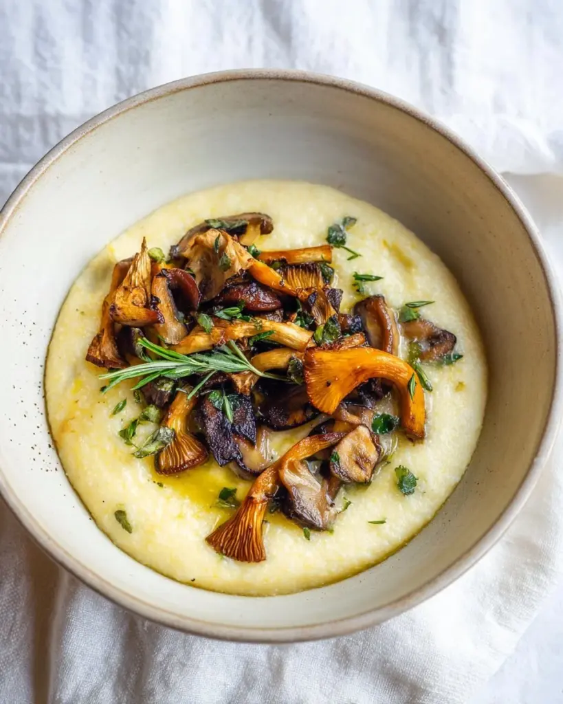 Creamy mushroom polenta served in a bowl with herbs