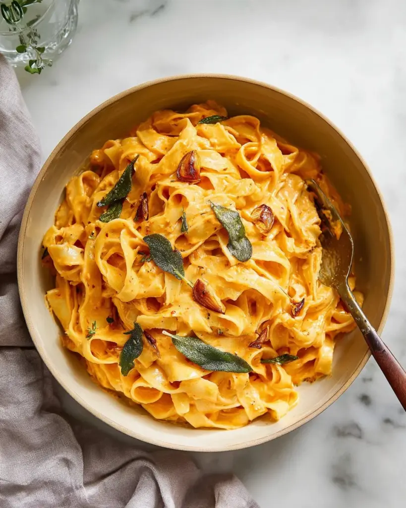 Delicious creamy pumpkin pasta served in a bowl with garnish